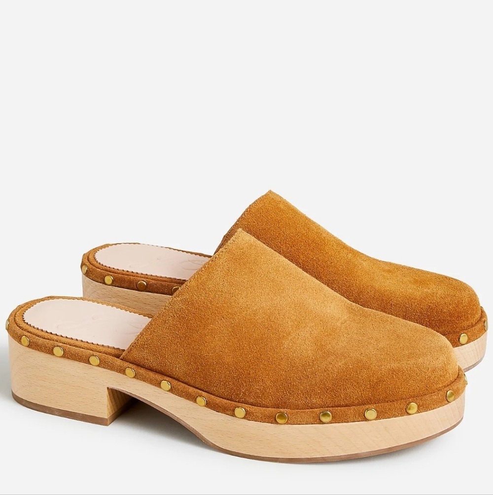 J. Crew Dakota Clogs in Suede Burnished Pecan Studded Leather Wood Sole